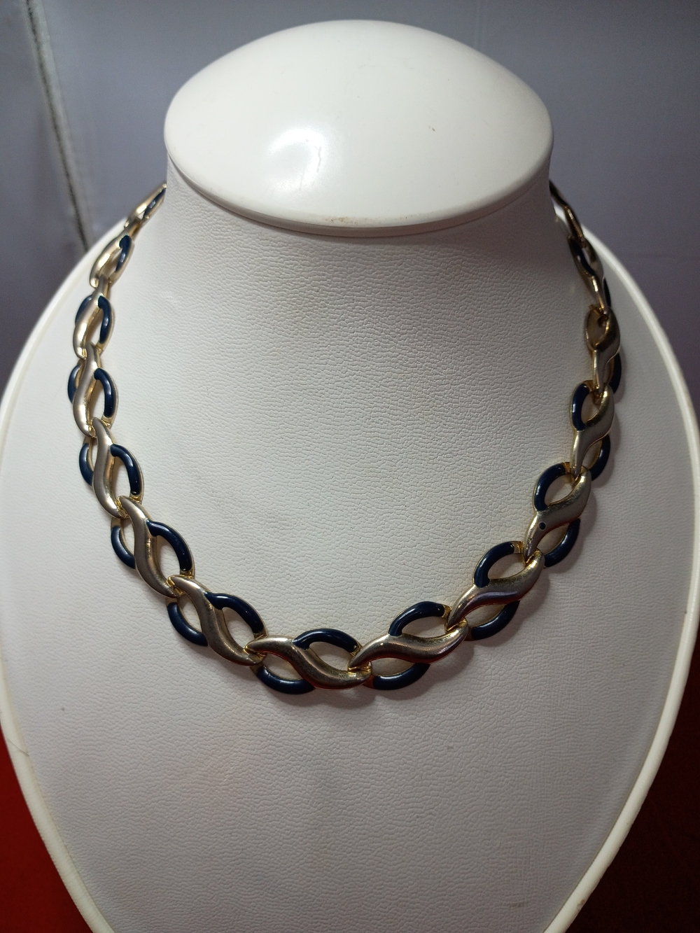 Gold and Enameled Navy Linked Chain Necklace - Women Jewelry